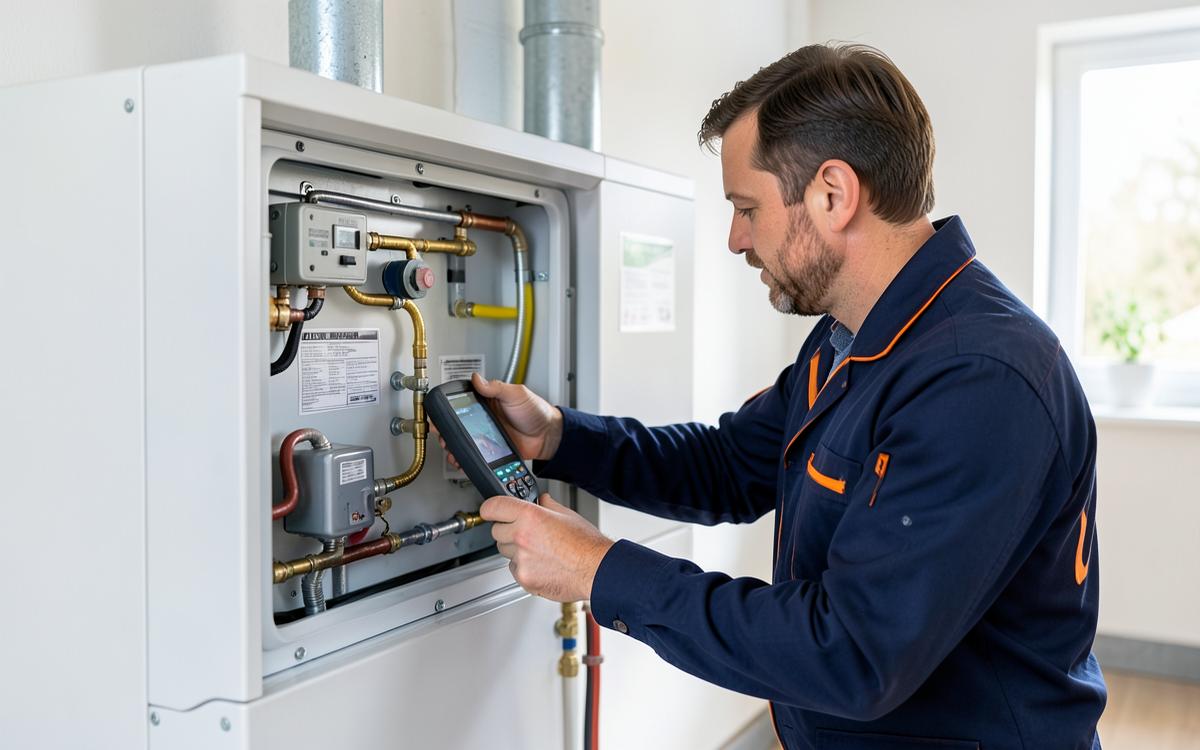 Tekniker utför service och mätning på en värmepump